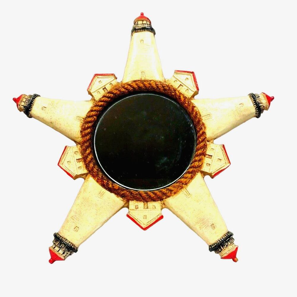 Vintage Al Pisano Nautical Carved Roped Hole Star Mirror Lighthouses Wall Decor